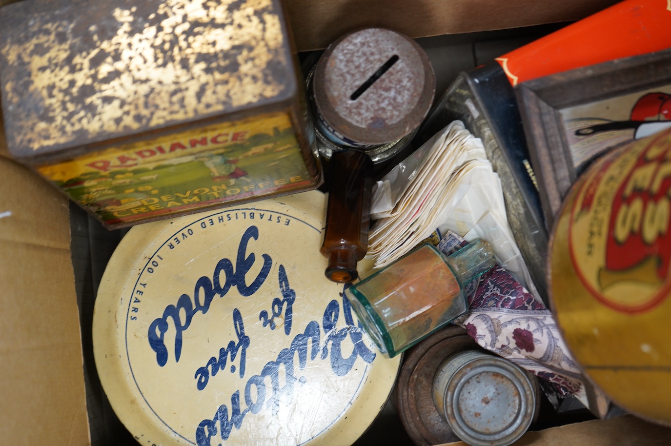 Eight mid 20th century branded product tins, some decorative, various cigarette and other packaging. Condition - poor to fair